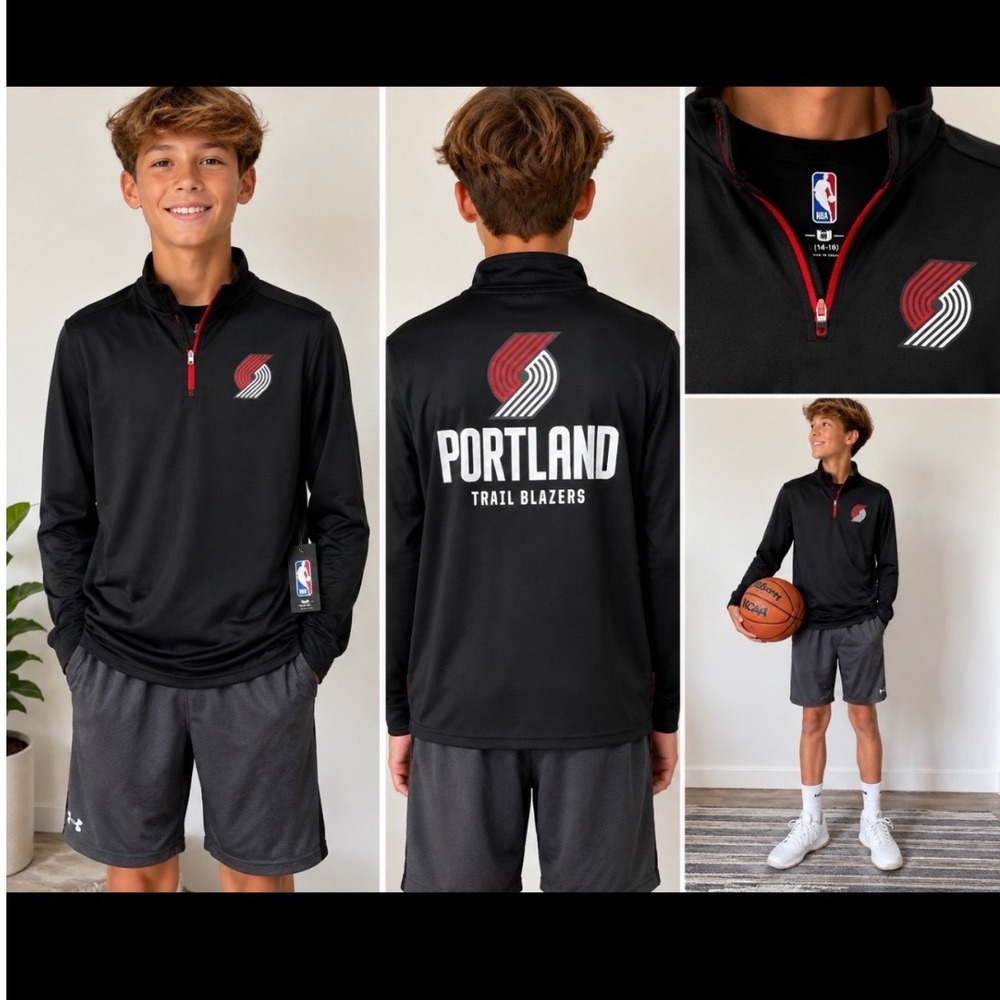 NBA Portland Trail Blazers Kids Quarter Zip Pullover Black VLY1972F Size L 14-16